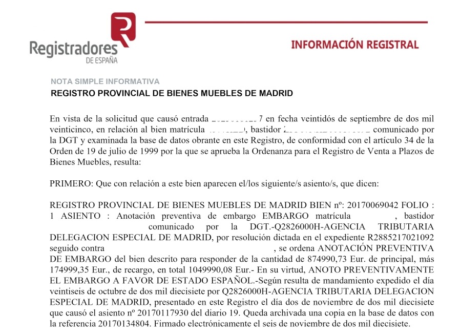 nota simple vehiculo del Registro de Bienes Muebles