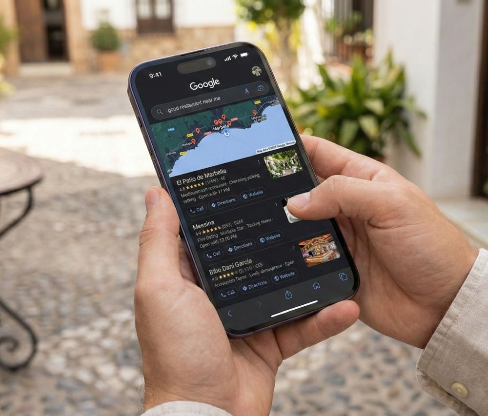 man searching google for a restaurant in marbella