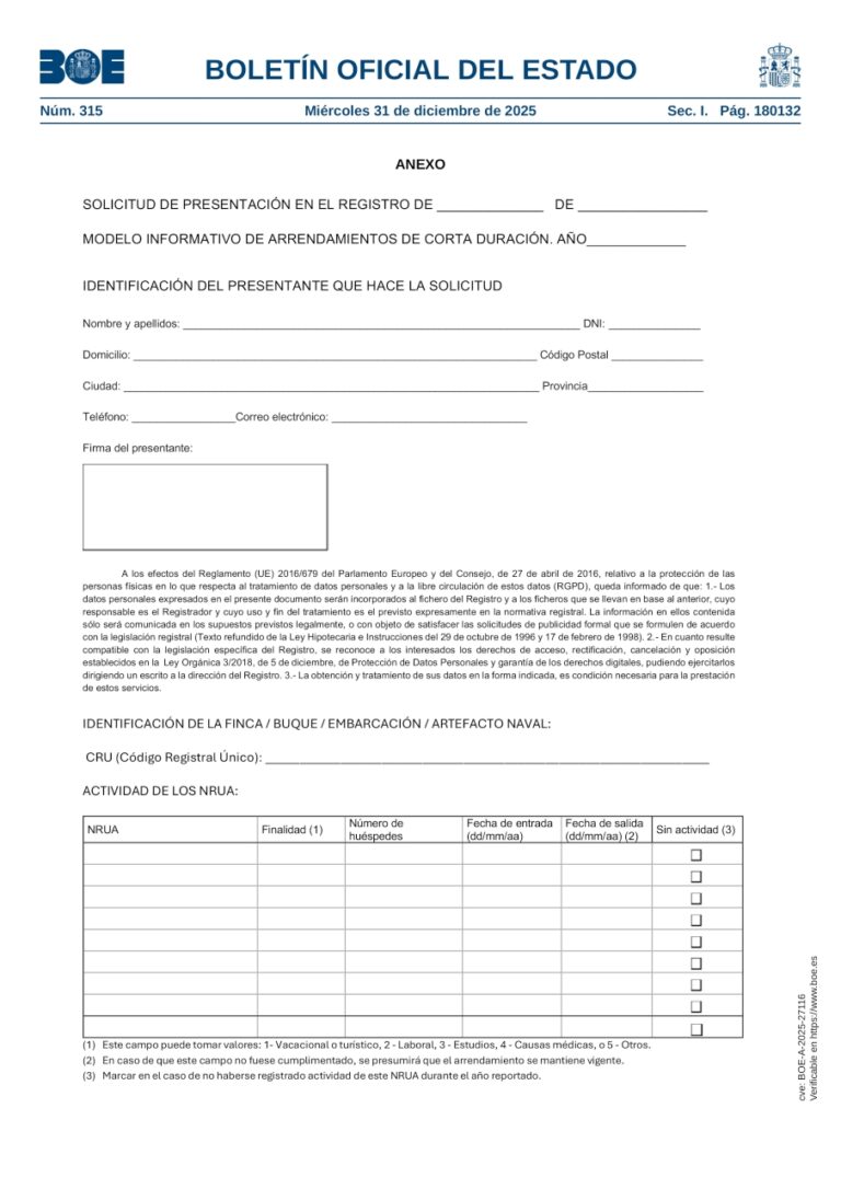 Modelo informativo de arrendamientos de corta duración