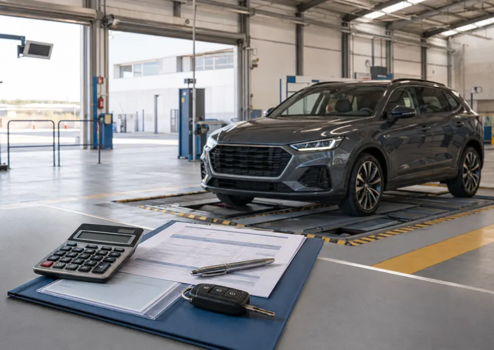 Vehicle registration documents and calculator at an ITV inspection station in Spain