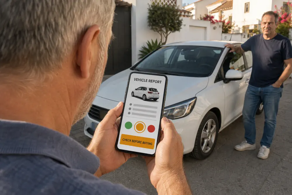 Buyer checking a vehicle report beside a used car in Spain
